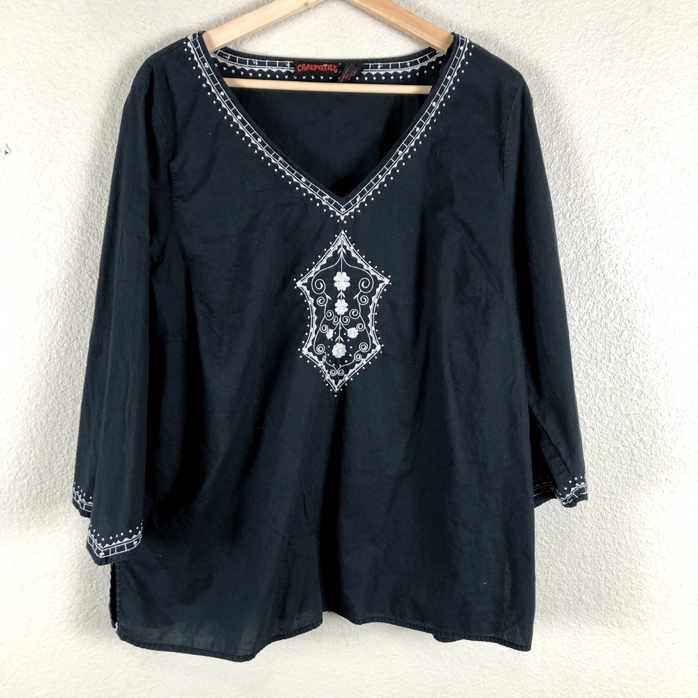 Crazy Girl Shirt Womens 1X‎ Black White Cotton Embroidery Beaded Bohemian Hippy